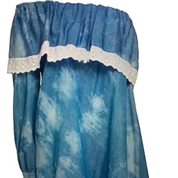 NWT 5RUE denim one shoulder dress w white eyelet ruffle trim Sz Medium MSRP $192 - Picture 1 of 15